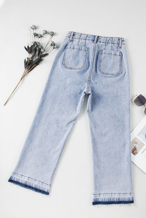 Beau Blue Acid Wash Contrast Edge Pocketed Cropped Jeans