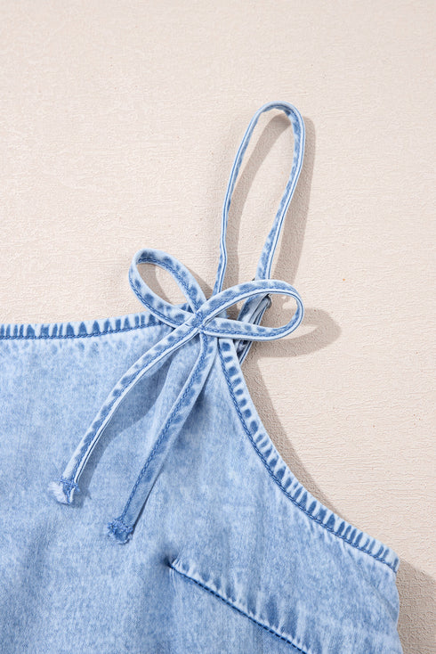 Beau Blue Bow Detail Spaghetti Straps Ruffle Hem Denim Short Dress