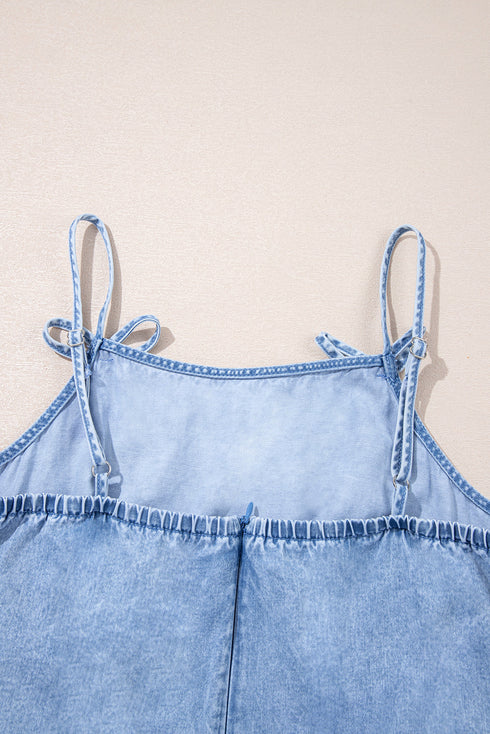 Beau Blue Bow Detail Spaghetti Straps Ruffle Hem Denim Short Dress