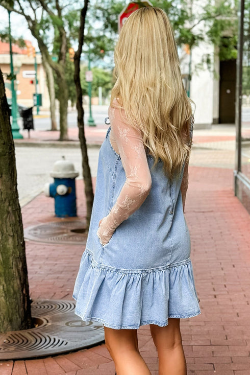 Beau Blue Bow Detail Spaghetti Straps Ruffle Hem Denim Short Dress