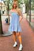 Beau Blue Bow Detail Spaghetti Straps Ruffle Hem Denim Short Dress