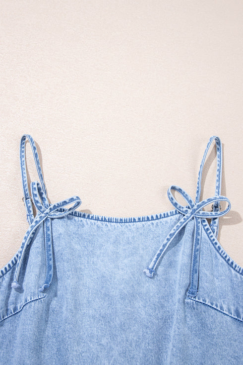 Beau Blue Bow Detail Spaghetti Straps Ruffle Hem Denim Short Dress