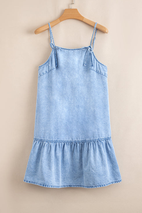Beau Blue Bow Detail Spaghetti Straps Ruffle Hem Denim Short Dress