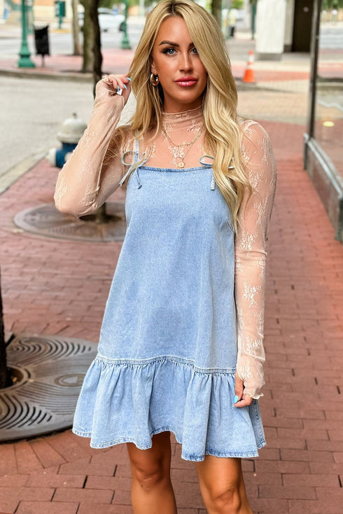 Beau Blue Bow Detail Spaghetti Straps Ruffle Hem Denim Short Dress