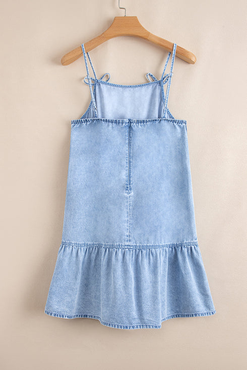 Beau Blue Bow Detail Spaghetti Straps Ruffle Hem Denim Short Dress