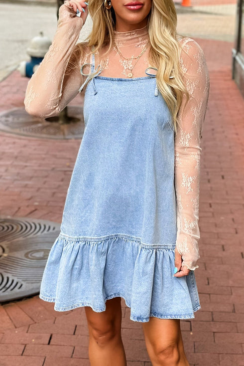 Beau Blue Bow Detail Spaghetti Straps Ruffle Hem Denim Short Dress