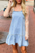 Beau Blue Bow Detail Spaghetti Straps Ruffle Hem Denim Short Dress