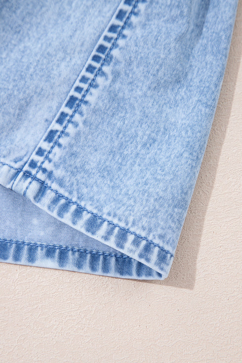 Beau Blue Bow Detail Spaghetti Straps Ruffle Hem Denim Short Dress