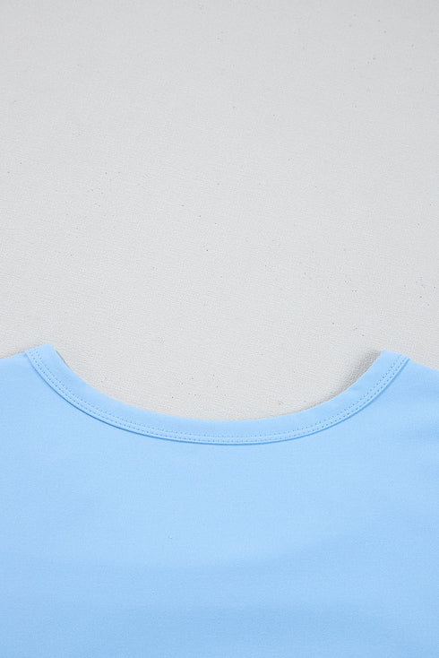 Beau Blue Floral Mesh Puff Sleeve Crew Neck Top