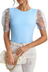 Beau Blue Floral Mesh Puff Sleeve Crew Neck Top
