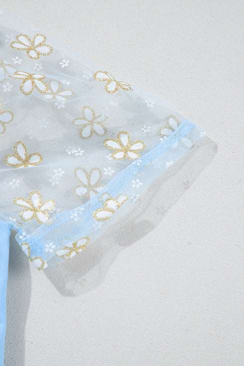 Beau Blue Floral Mesh Puff Sleeve Crew Neck Top