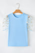 Beau Blue Floral Mesh Puff Sleeve Crew Neck Top