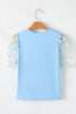 Beau Blue Floral Mesh Puff Sleeve Crew Neck Top