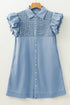 Beau Blue Flutter Sleeve Shirred Detail Button Up Denim Mini Dress