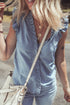 Beau Blue Frilly Ruffle Trim V Neck Chambray Tank Top