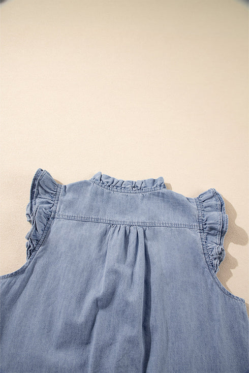 Beau Blue Frilly Ruffle Trim V Neck Chambray Tank Top