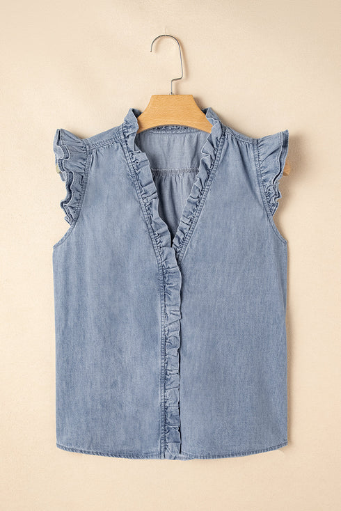 Beau Blue Frilly Ruffle Trim V Neck Chambray Tank Top