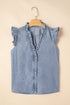Beau Blue Frilly Ruffle Trim V Neck Chambray Tank Top
