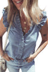 Beau Blue Frilly Ruffle Trim V Neck Chambray Tank Top