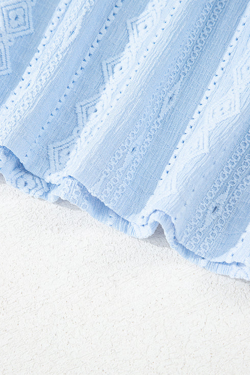 Beau Blue Jacquard Texture Flared Short Sleeve Notched Neck Mini Dress