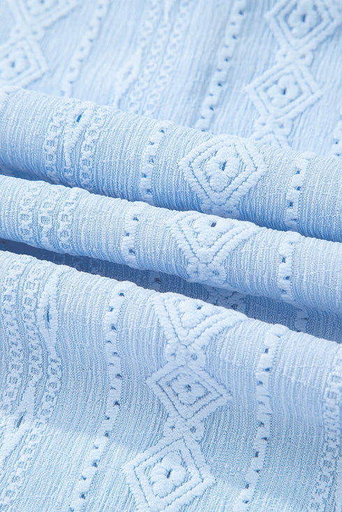 Beau Blue Jacquard Texture Flared Short Sleeve Notched Neck Mini Dress