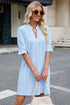 Beau Blue Jacquard Texture Flared Short Sleeve Notched Neck Mini Dress