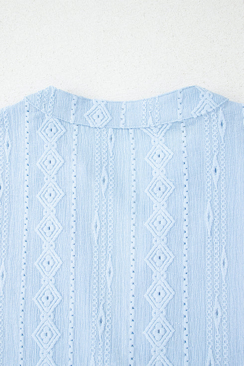 Beau Blue Jacquard Texture Flared Short Sleeve Notched Neck Mini Dress