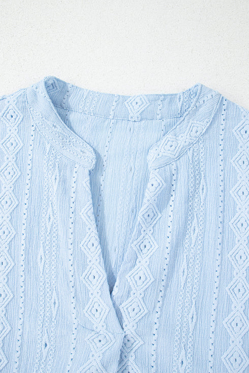 Beau Blue Jacquard Texture Flared Short Sleeve Notched Neck Mini Dress