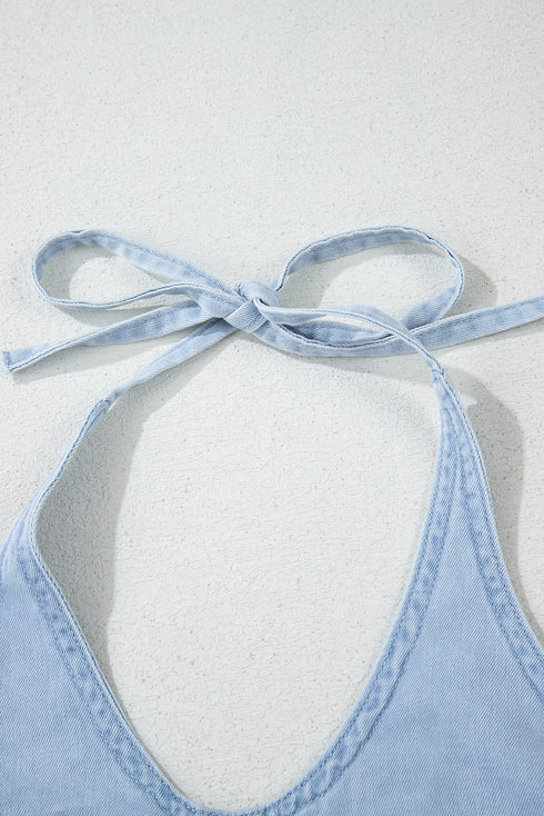 Beau Blue Knotted Open Back Halterneck Denim Tank Top