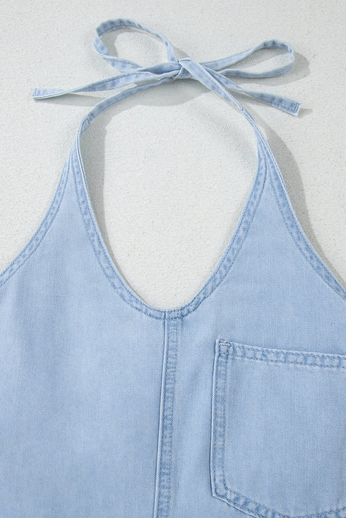 Beau Blue Knotted Open Back Halterneck Denim Tank Top