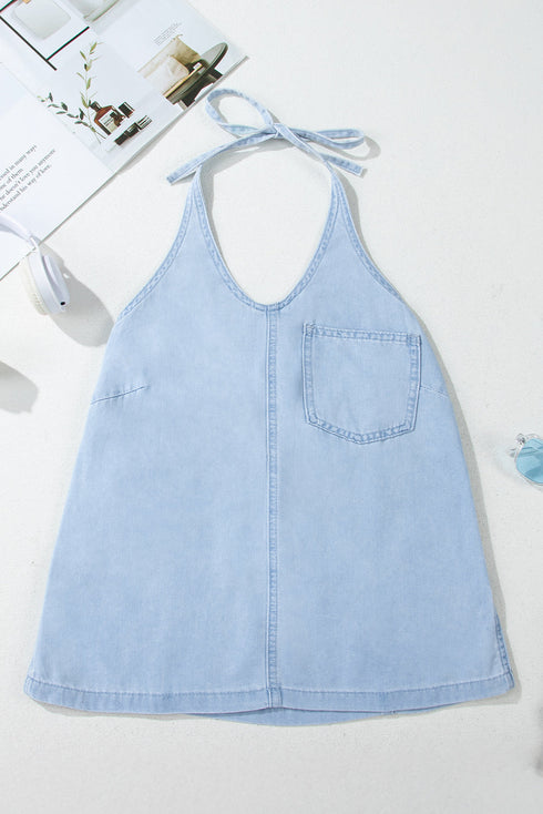 Beau Blue Knotted Open Back Halterneck Denim Tank Top