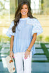 Beau Blue Lace Insert Floral Puff Sleeve Patchwork Loose Blouse