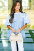 Beau Blue Lace Insert Floral Puff Sleeve Patchwork Loose Blouse