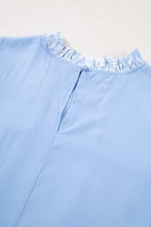 Beau Blue Lace Insert Floral Puff Sleeve Patchwork Loose Blouse