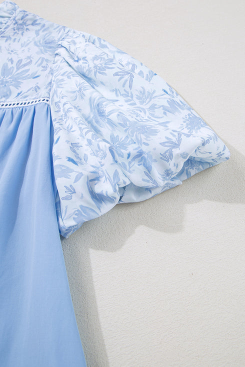 Beau Blue Lace Insert Floral Puff Sleeve Patchwork Loose Blouse