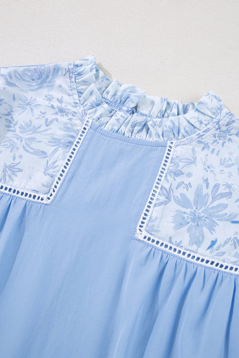 Beau Blue Lace Insert Floral Puff Sleeve Patchwork Loose Blouse