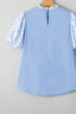 Beau Blue Lace Insert Floral Puff Sleeve Patchwork Loose Blouse