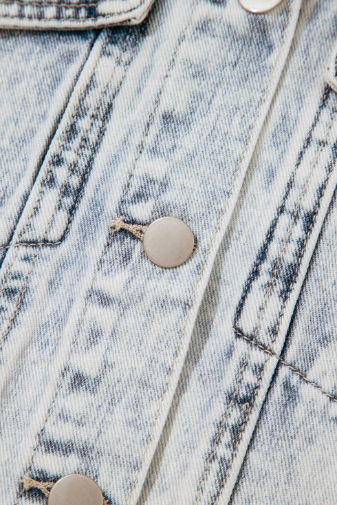 Beau Blue Light Wash Buttoned Chest Pocket Puff Sleeve Denim Jacket