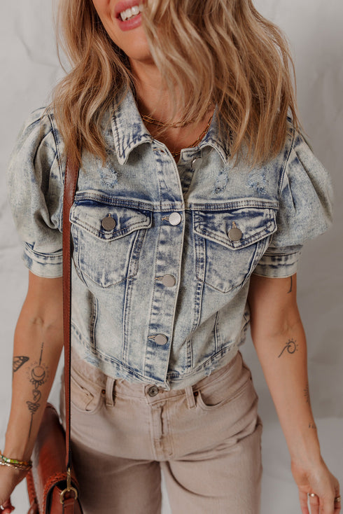 Beau Blue Light Wash Buttoned Chest Pocket Puff Sleeve Denim Jacket