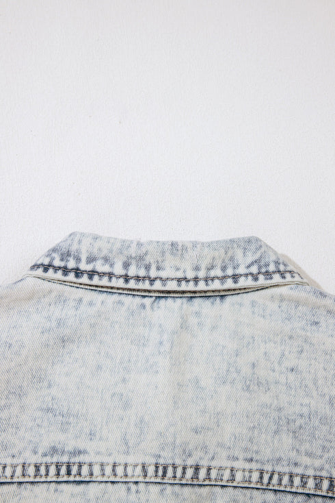 Beau Blue Light Wash Buttoned Chest Pocket Puff Sleeve Denim Jacket