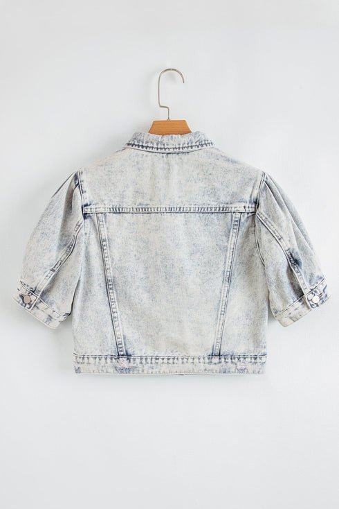 Beau Blue Light Wash Buttoned Chest Pocket Puff Sleeve Denim Jacket
