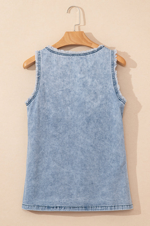 Beau Blue Mineral Wash Denim Frayed U Neck Sleeveless Top
