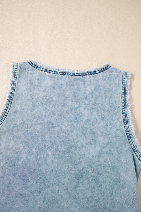 Beau Blue Mineral Wash Denim Frayed U Neck Sleeveless Top