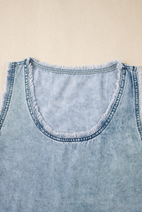Beau Blue Mineral Wash Denim Frayed U Neck Sleeveless Top