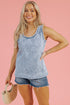 Beau Blue Mineral Wash Denim Frayed U Neck Sleeveless Top