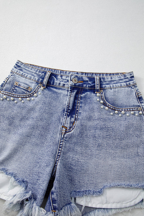 Beau Blue Pearl Studded Pockets Raw Hem Denim Shorts