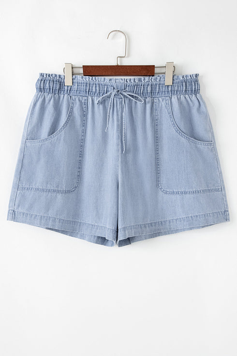 Beau Blue Pocketed Drawstring High Waist Plus Size Denim Shorts