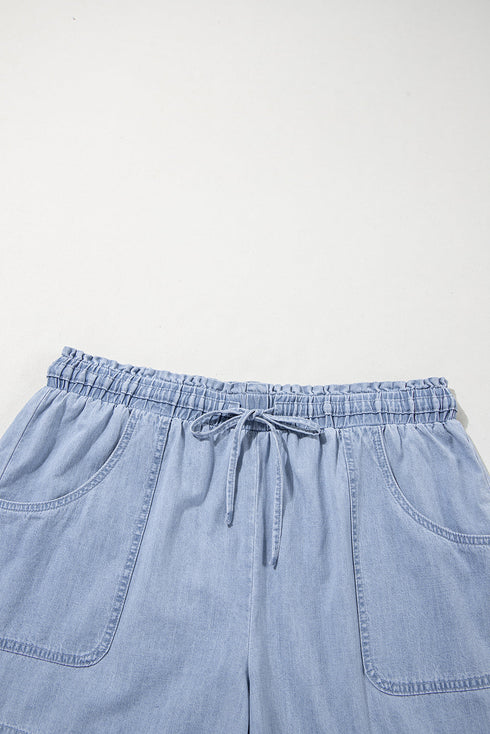 Beau Blue Pocketed Drawstring High Waist Plus Size Denim Shorts