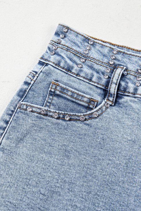 Beau Blue Rhinestone Light Wash Raw Hem High Waist Denim Shorts