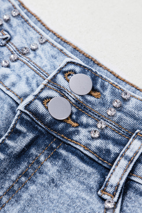 Beau Blue Rhinestone Light Wash Raw Hem High Waist Denim Shorts